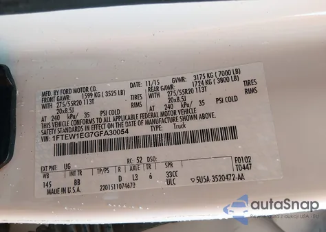 2016 Ford F-150 Platinum z USA, uszkodzony, nr VIN 1FTEW1EG7GFA30054